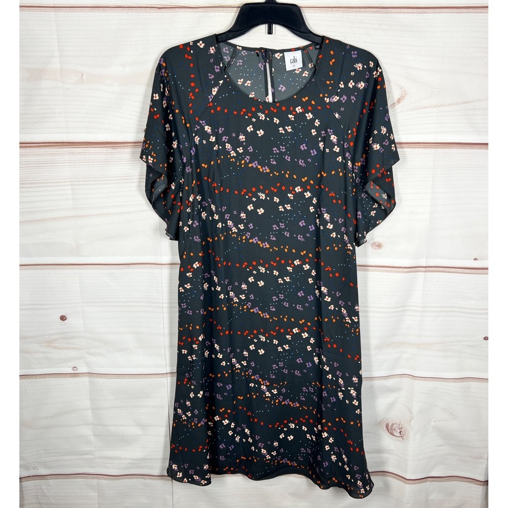 CAbi Dress Women Medium Gray Floral Ruffle Dress Chiffon Flutter Sleeve Pullover